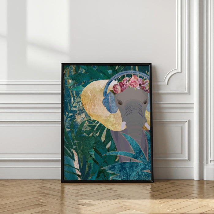 Elephant listening to music Framed Art Modern Wall Decor