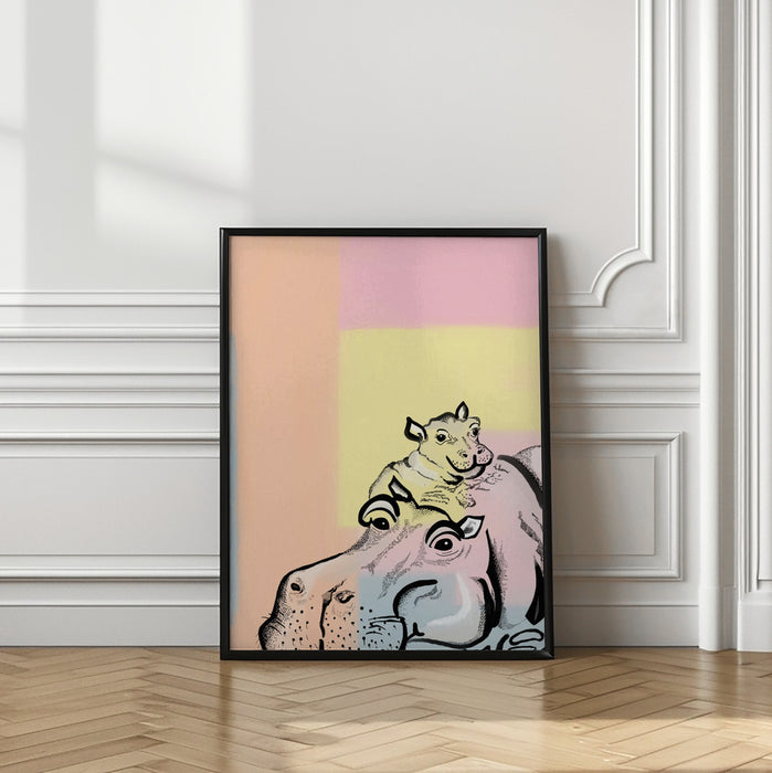 Mama hippo and baby Framed Art Modern Wall Decor