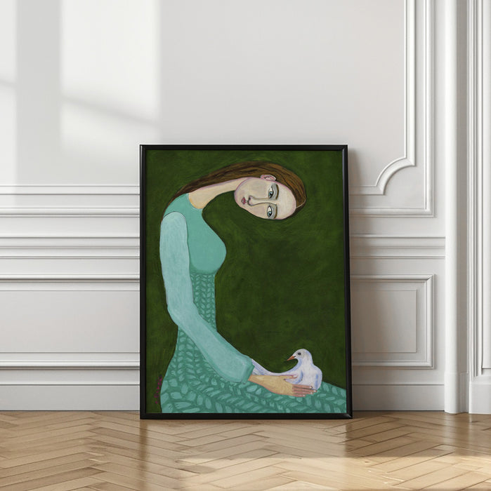 Lady sitting with white dove bird woman Framed Art Wall Decor