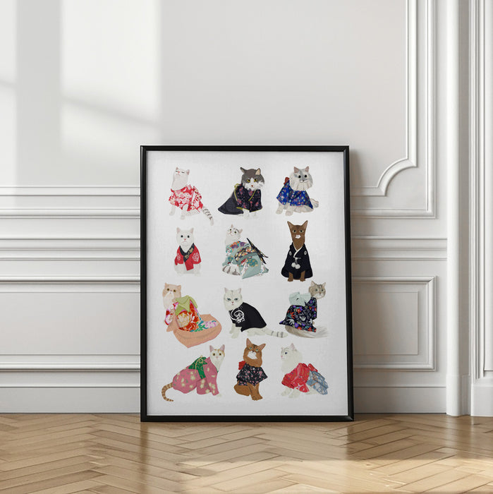 Cat In Kimono Framed Art Modern Wall Decor