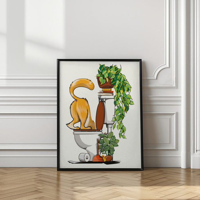 Cat Drinking From the Toilet Framed Art Modern Wall Decor