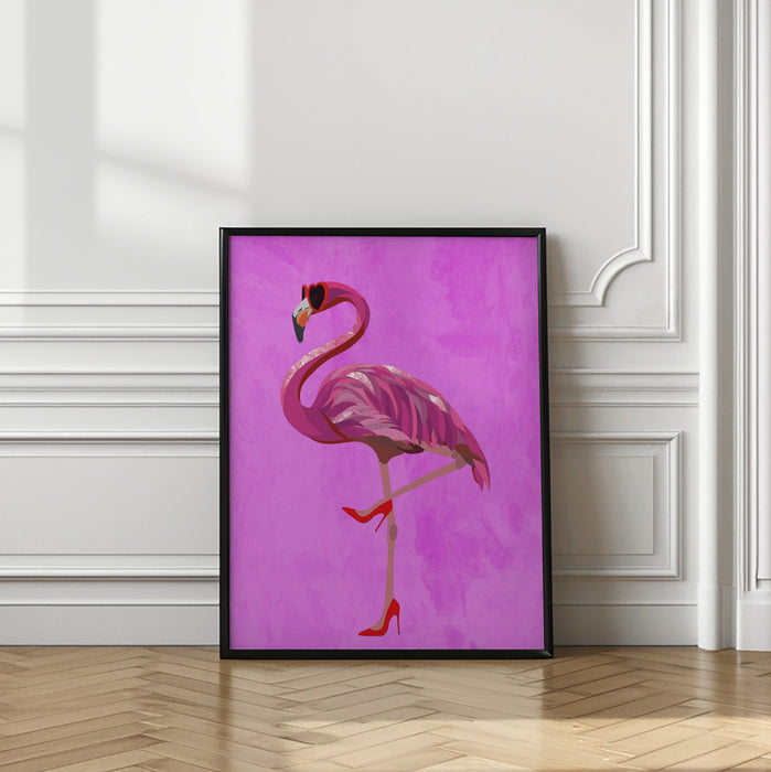 Flamingo in heels and heart glasses pink Framed Art Modern Wall Decor