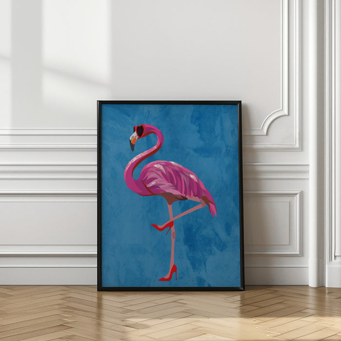 Flamingo in heels and heart glasses blue Framed Art Modern Wall Decor