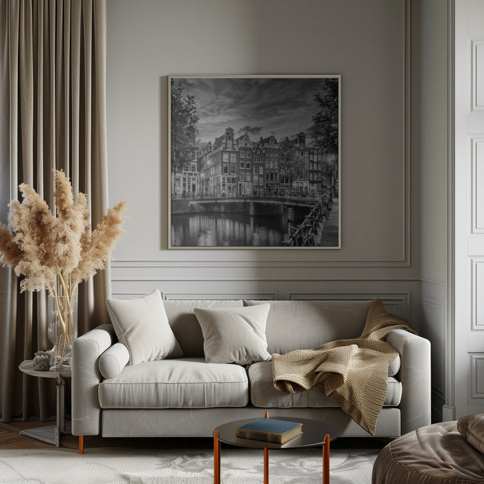 AMSTERDAM Idyllic impression from Singel - Monochrome Square Canvas Art Print