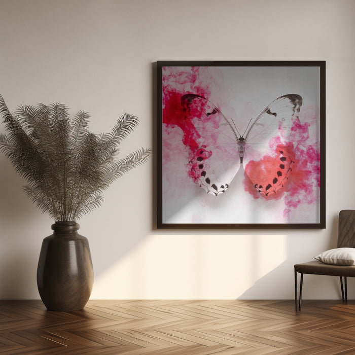 White Morpho Butterfly With Crimson Ink Square Canvas Art Print