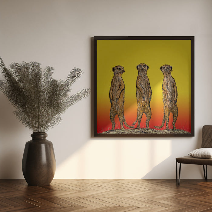 Meerkat Gang at Sunset Square Canvas Art Print