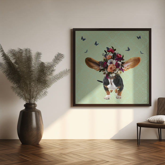 Spring Flower Bonnet On Doggy Square Poster Art Print by Sue Skellern