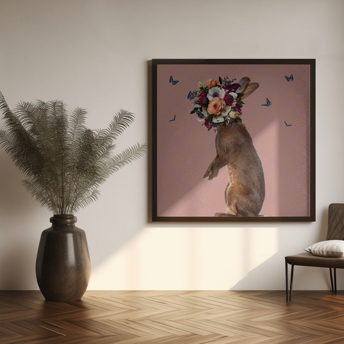 Spring Flower Bonnet On Rabbit Square Canvas Art Print