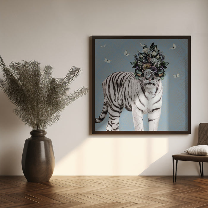 Spring Flower Bonnet On White Tiger Square Canvas Art Print