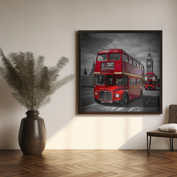 LONDON Red Buses on Westminster Bridge Square Canvas Art Print