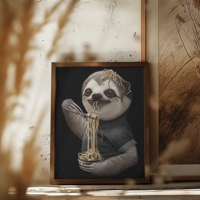 SLOTH EATING NOODLE Framed Art Modern Wall Decor