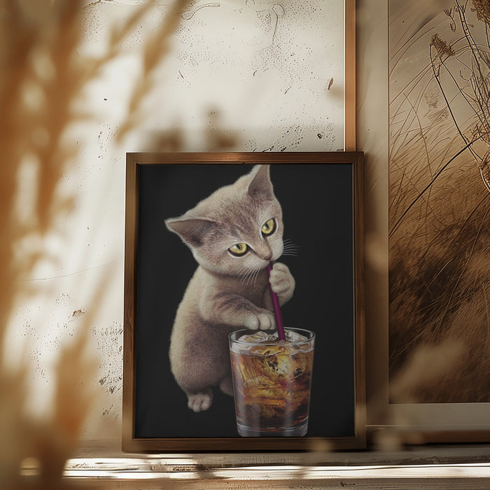 cat and soft drink Framed Art Modern Wall Decor