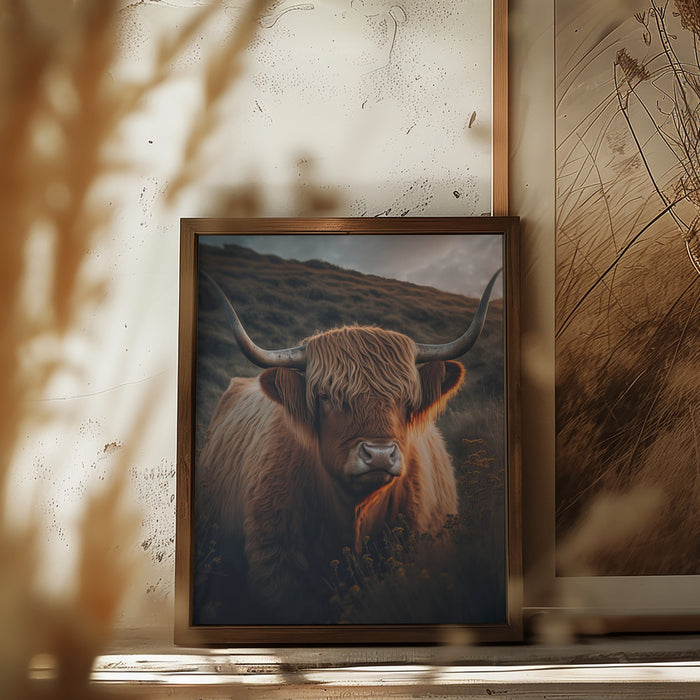 Highland Cow With Big Horns Framed Art Modern Wall Decor