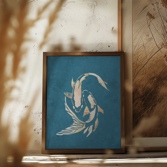 Gold Blue Koi Fish Framed Art Modern Wall Decor