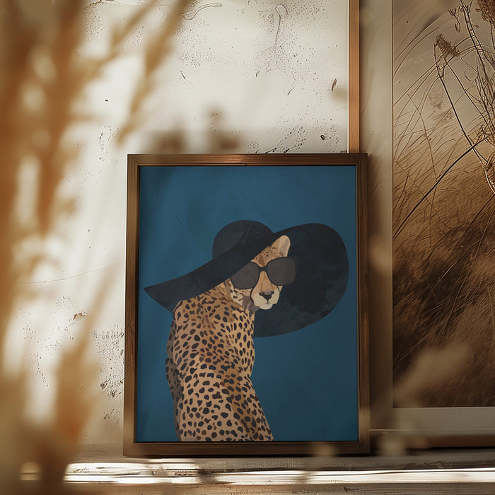 Fashionable Cheetah wearing a sunhat Framed Art Wall Decor