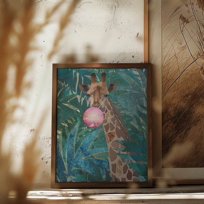 Bubblegum giraffe in the jungle Framed Art Modern Wall Decor