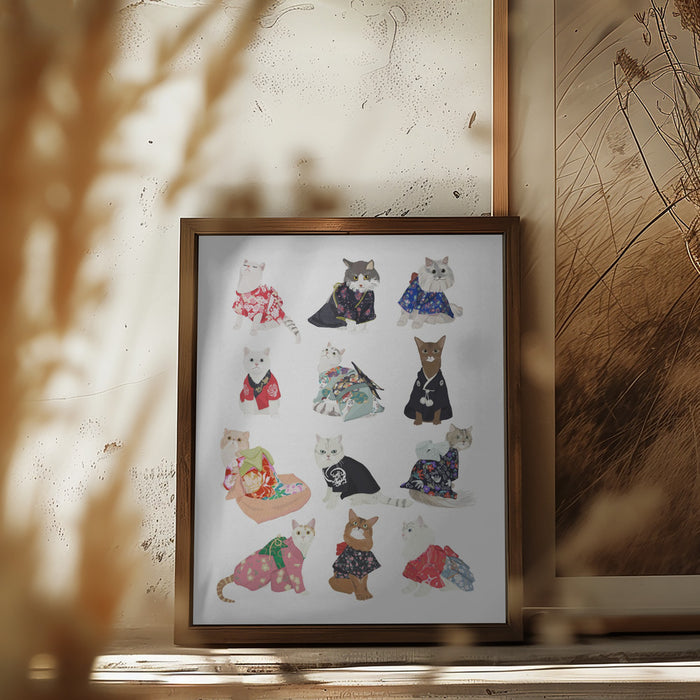 Cat In Kimono Framed Art Modern Wall Decor