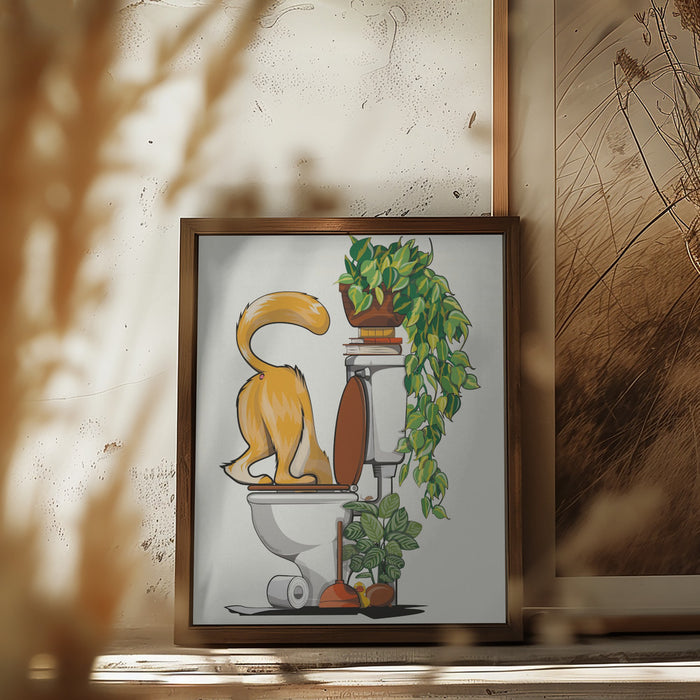 Cat Drinking From the Toilet Framed Art Modern Wall Decor