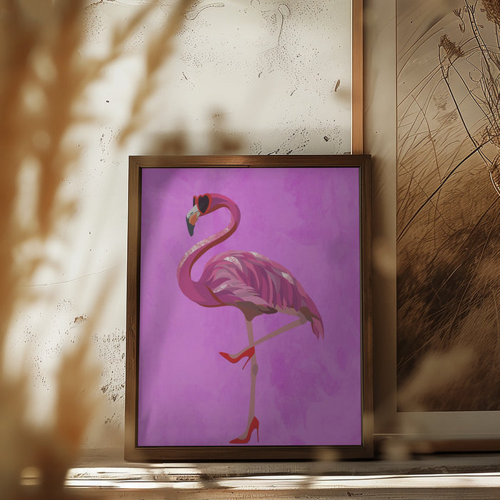 Flamingo in heels and heart glasses pink Framed Art Modern Wall Decor