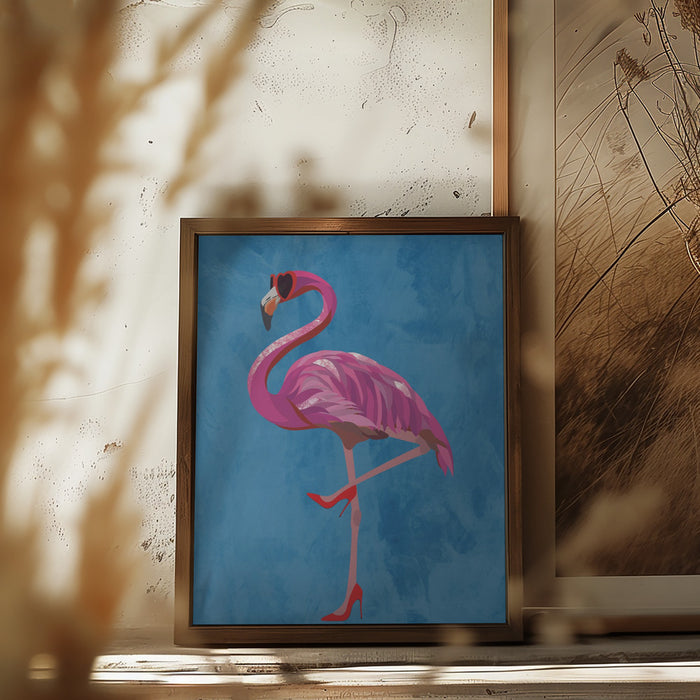 Flamingo in heels and heart glasses blue Framed Art Modern Wall Decor