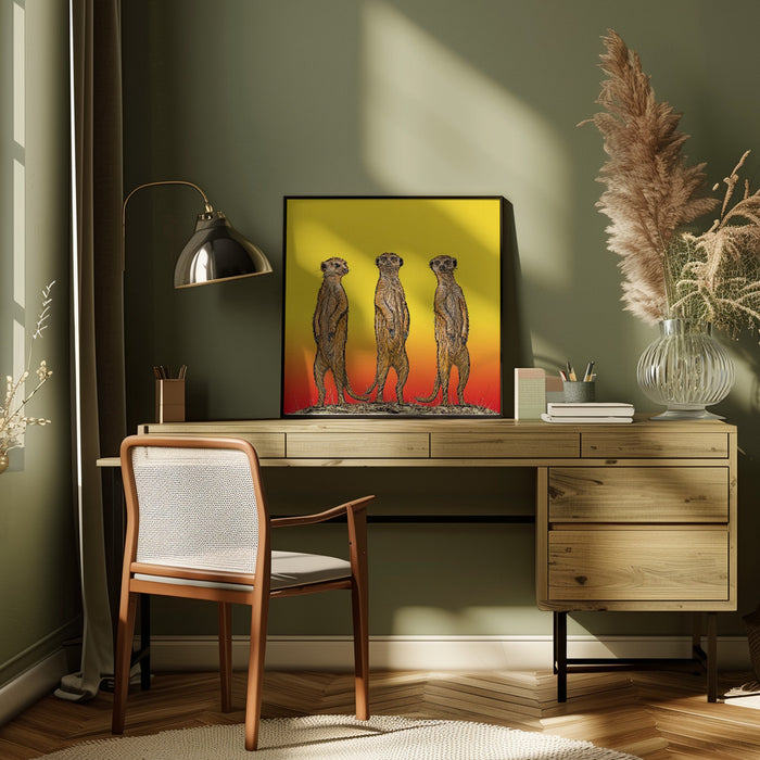 Meerkat Gang at Sunset Square Canvas Art Print