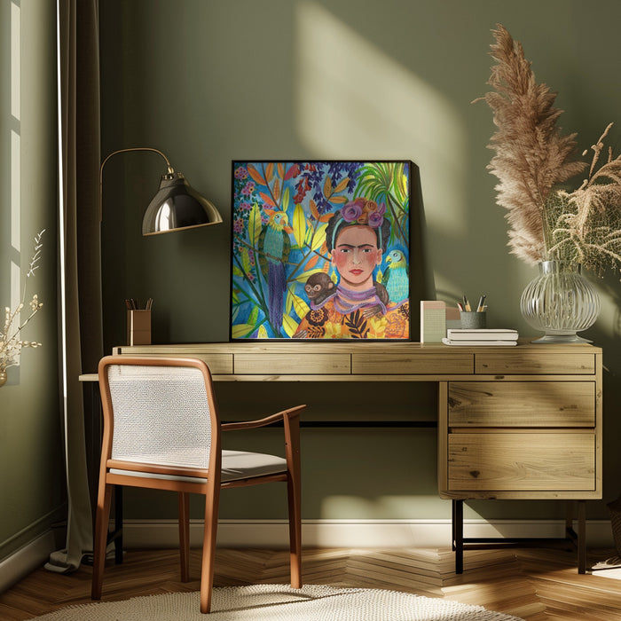 Frida and her parrots Square Canvas Art Print