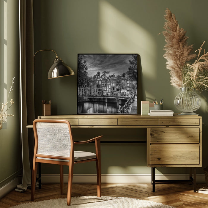 AMSTERDAM Idyllic impression from Singel - Monochrome Square Canvas Art Print