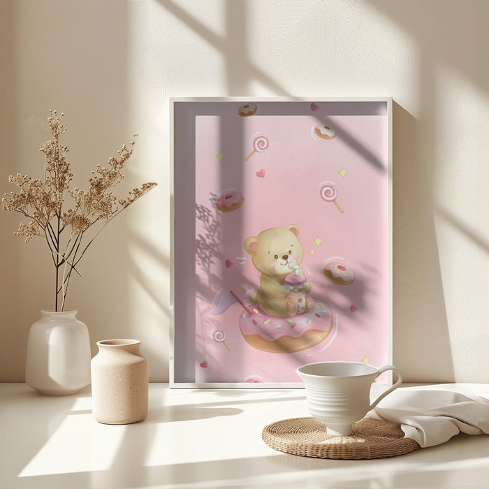 Teddy Bear and Donut cake Framed Art Wall Decor