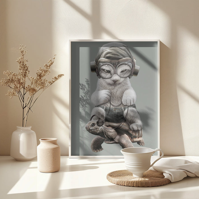 CAT RIDING TORTOISE Framed Art Modern Wall Decor