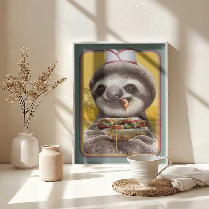 SLOTH SELLING HOTDOGS Framed Art Modern Wall Decor