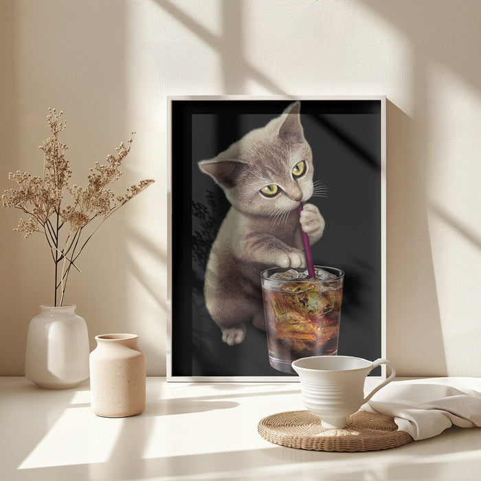 cat and soft drink Framed Art Modern Wall Decor