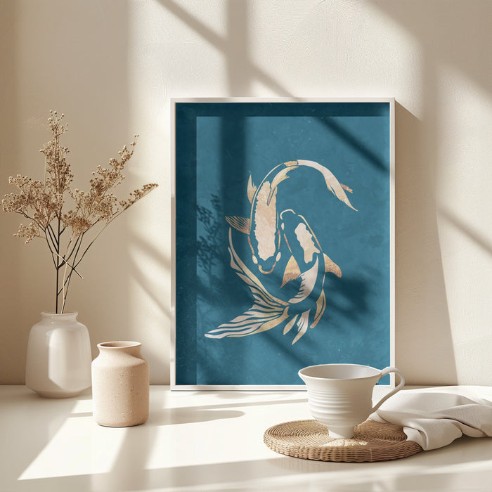 Gold Blue Koi Fish Framed Art Modern Wall Decor