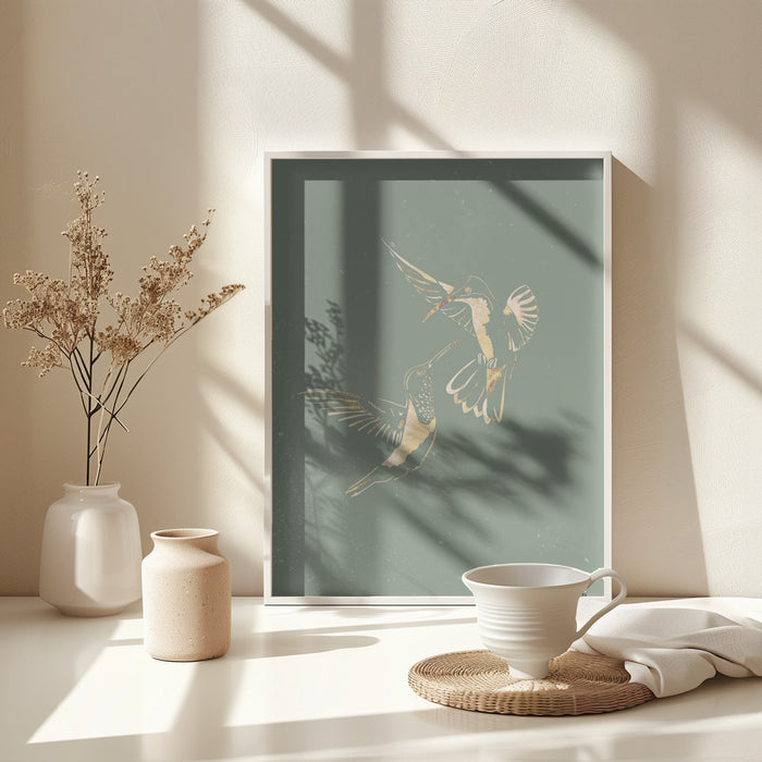 Sage Green Gold Hummingbirds Framed Art Modern Wall Decor