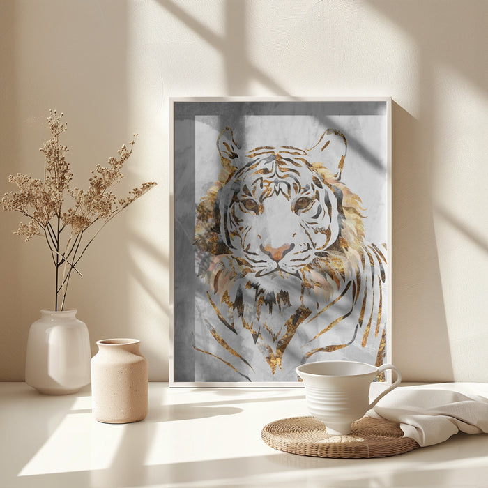 Golden Tiger and Concrete Framed Art Modern Wall Decor