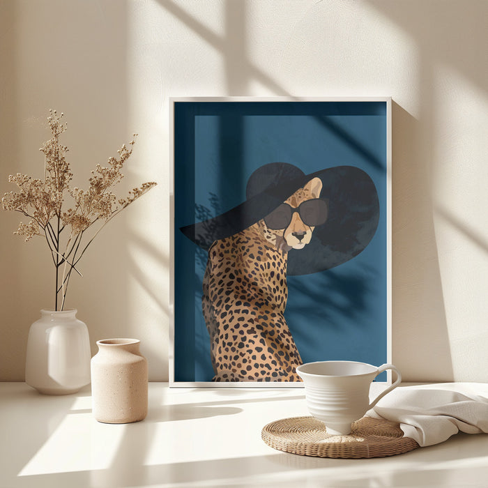 Fashionable Cheetah wearing a sunhat Framed Art Wall Decor