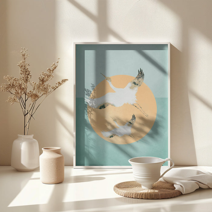 Mint Green Sun &amp; Cranes Framed Art Wall Decor