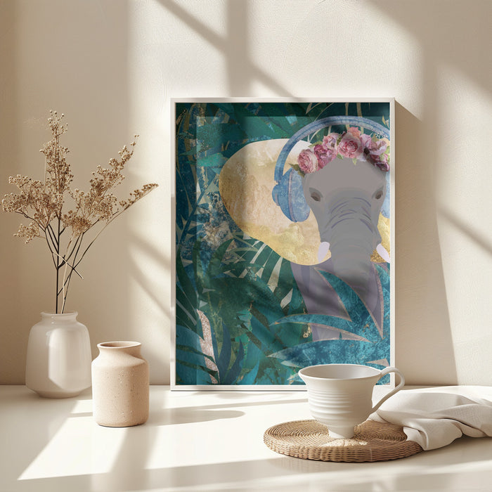 Elephant listening to music Framed Art Modern Wall Decor