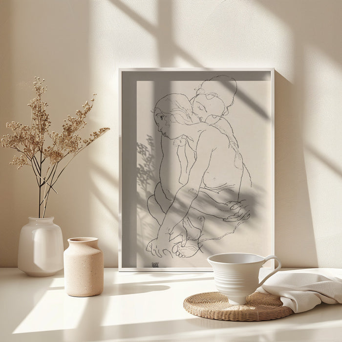 Woman and Girl Embracing 1918 Framed Art Modern Wall Decor