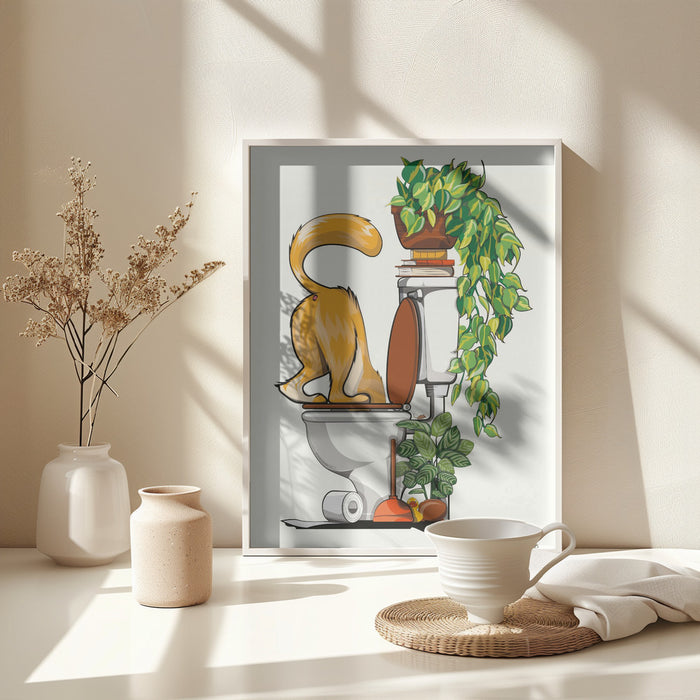 Cat Drinking From the Toilet Framed Art Modern Wall Decor