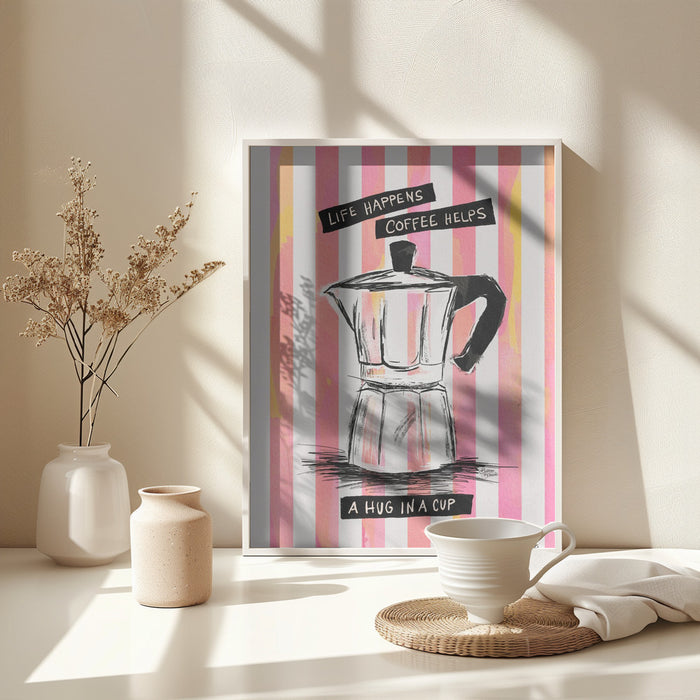 Mocca Coffee on Stripes - Hug in a Cup Framed Art Modern Wall Decor