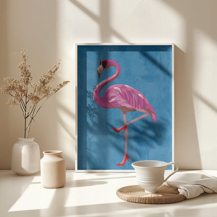 Flamingo in heels and heart glasses blue Framed Art Modern Wall Decor