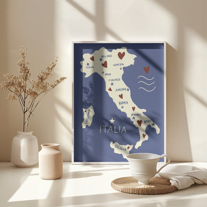 Italiy Map Framed Art Modern Wall Decor