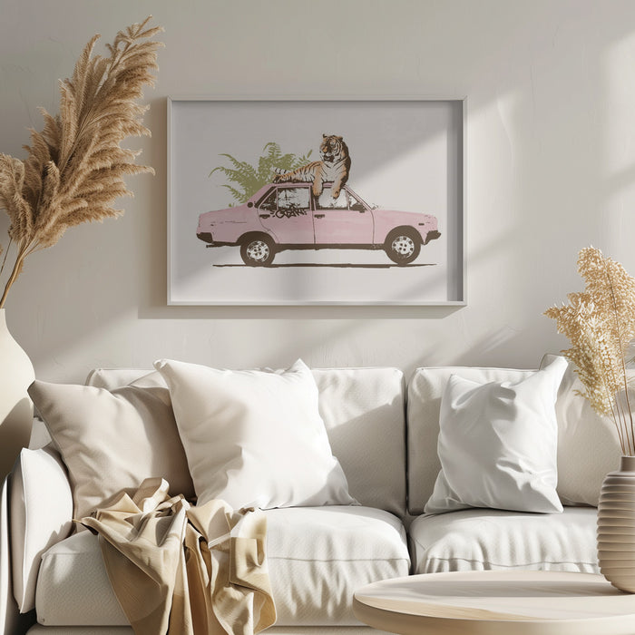 Tiger On Car Landscape Framed Art