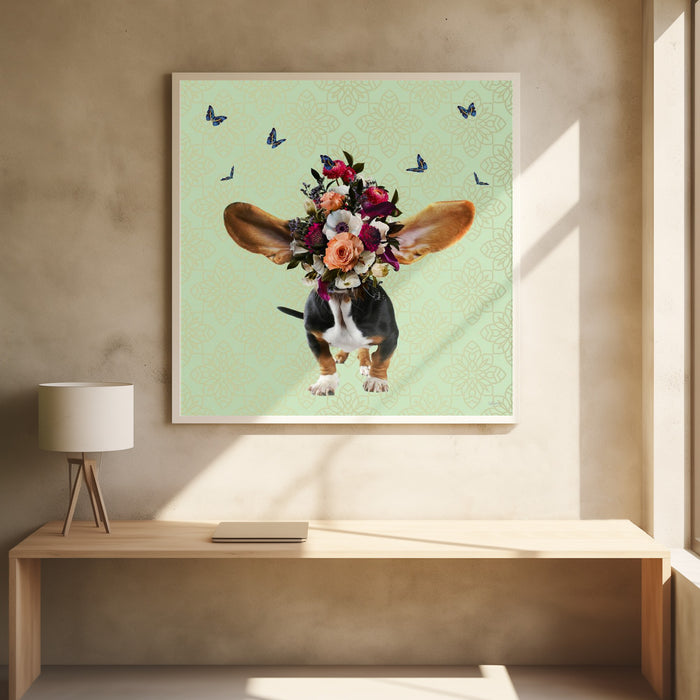 Spring Flower Bonnet On Doggy Square Poster Art Print by Sue Skellern