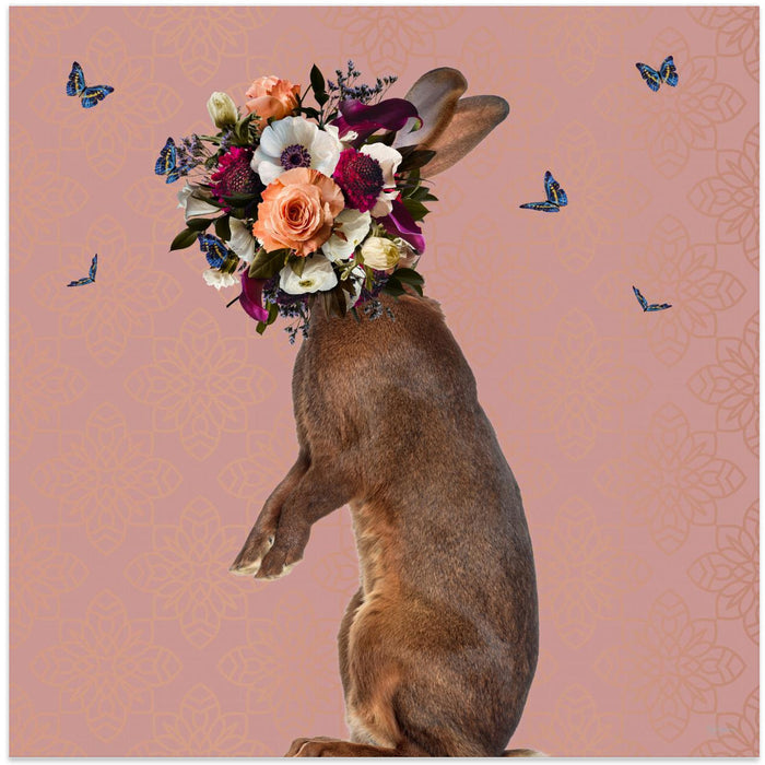 Spring Flower Bonnet On Rabbit Square Canvas Art Print