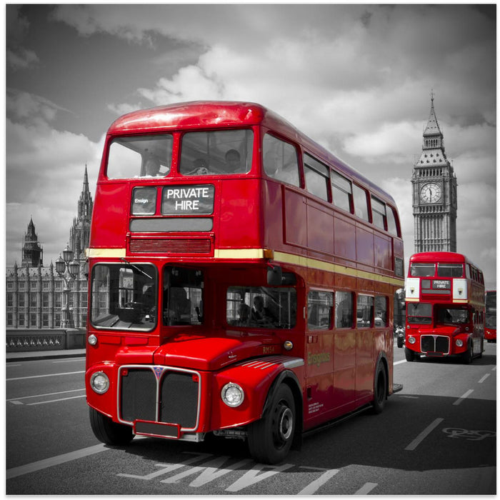 LONDON Red Buses on Westminster Bridge Square Canvas Art Print