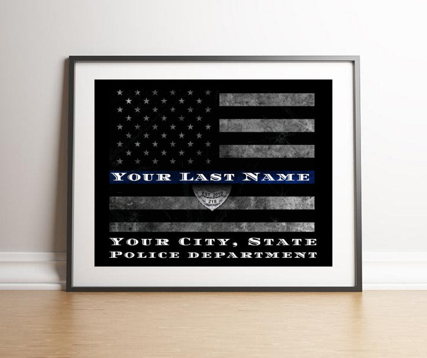 Thin Blue Line American Flag police gift framed wall art